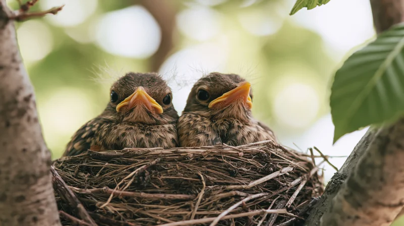 Two robin chicks in a twig nest nestled between tree branches