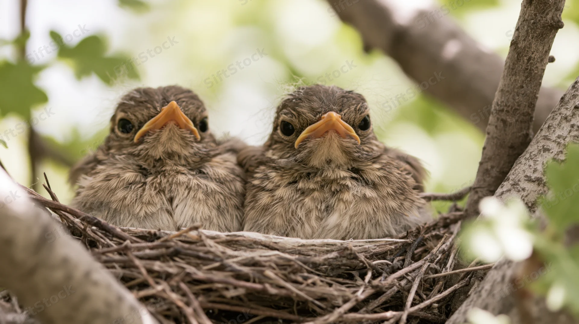 Two robin chicks nestled together in a twig nest among tree branches