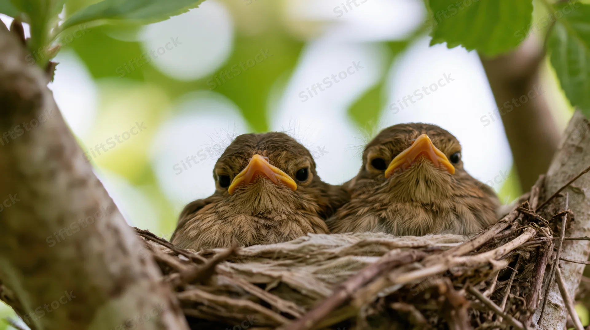 Two robin chicks in a twig nest nestled among tree branches and green leaves