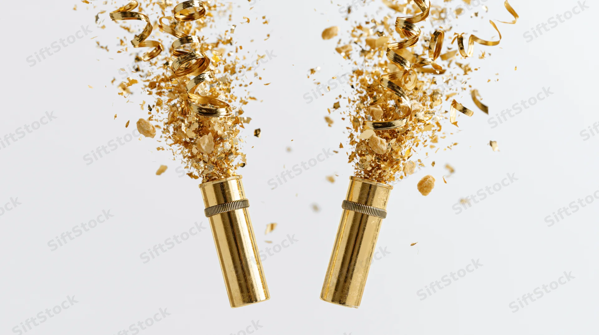 Two gold party poppers exploding upward releasing bursts of confetti against white background