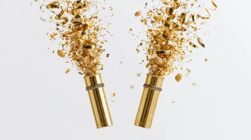 Two gold party poppers exploding upward releasing bursts of confetti against white background