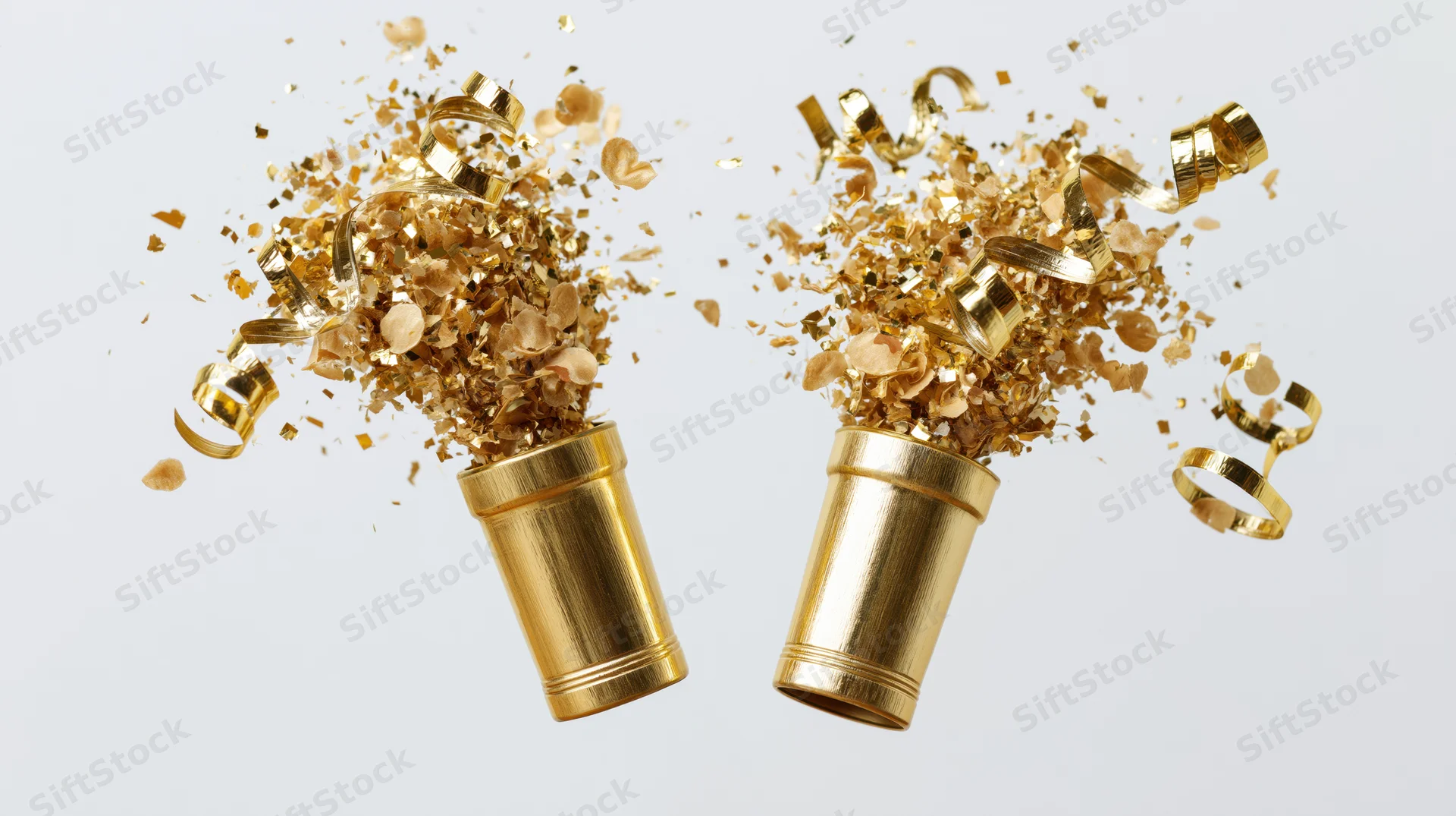 Two gold party poppers exploding upward releasing bursts of confetti and streamers against a light background