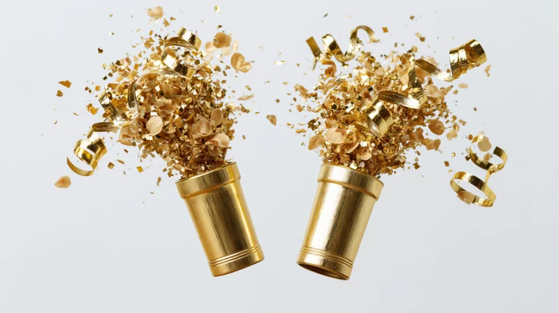 Two gold party poppers exploding upward releasing bursts of confetti and streamers against a light background