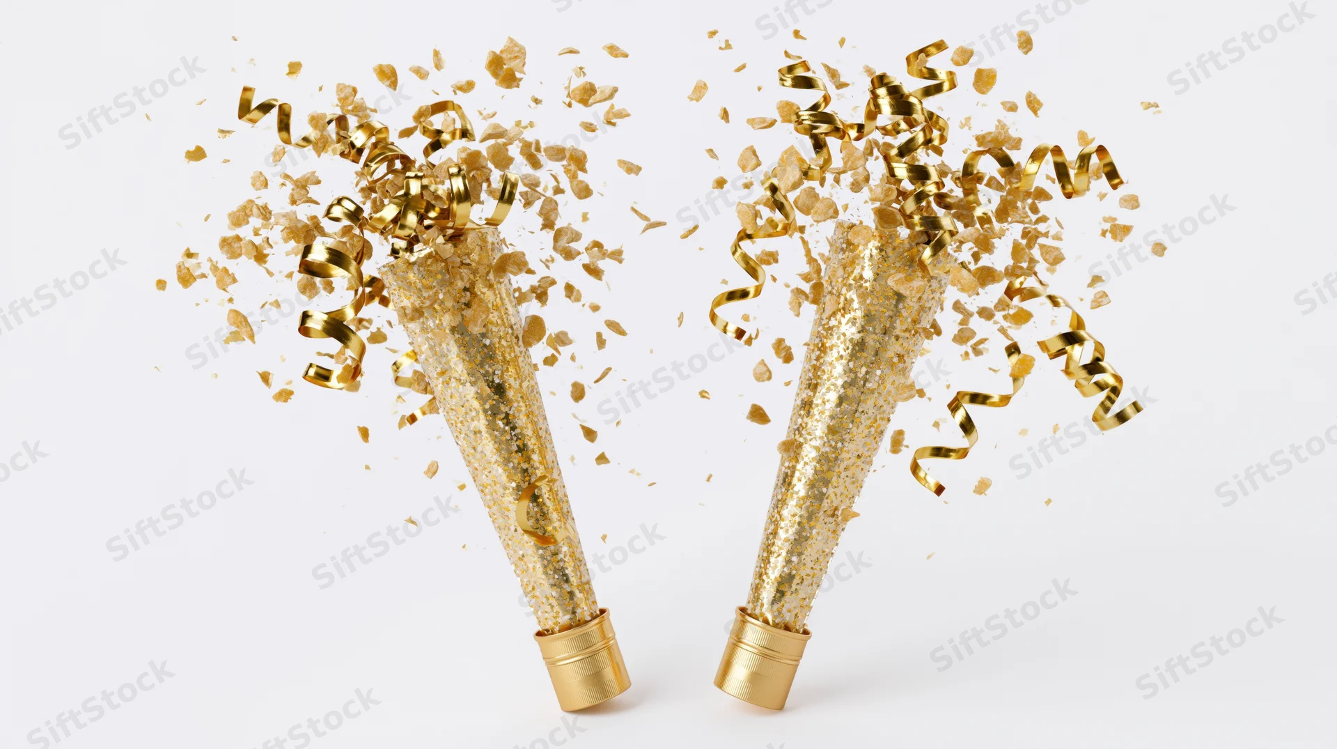 Two gold party poppers exploding upward releasing bursts of confetti and ribbon on white background
