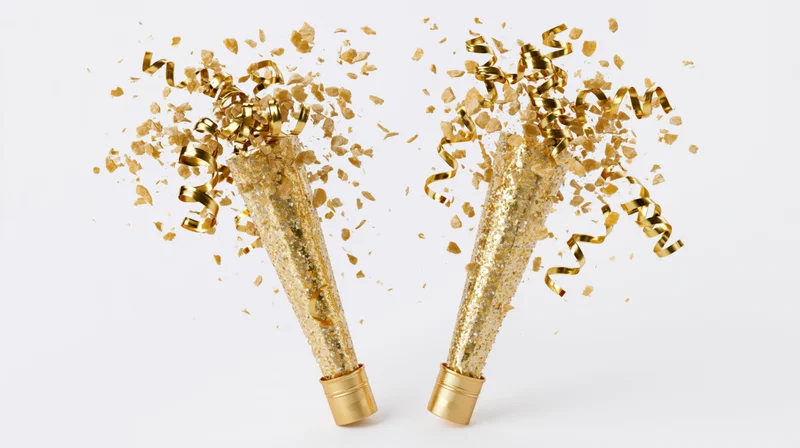 Two gold party poppers exploding upward releasing bursts of confetti and ribbon on white background