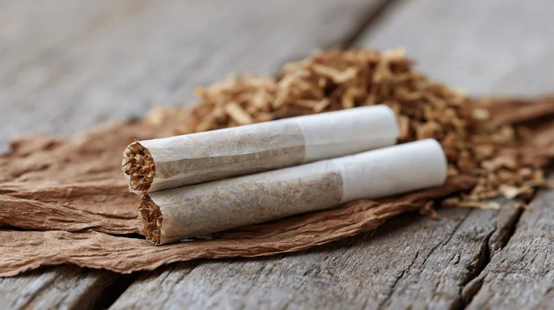 Two hand-rolled cigarettes resting on a dried tobacco leaf on a weathered wooden surface