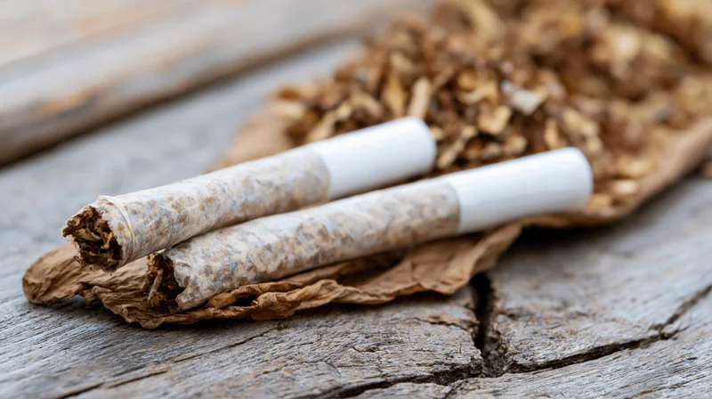 Two hand-rolled cigarettes resting on a dried tobacco leaf on weathered wood