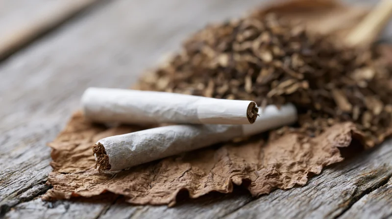 Two hand-rolled cigarettes resting on a dried tobacco leaf on a wooden surface