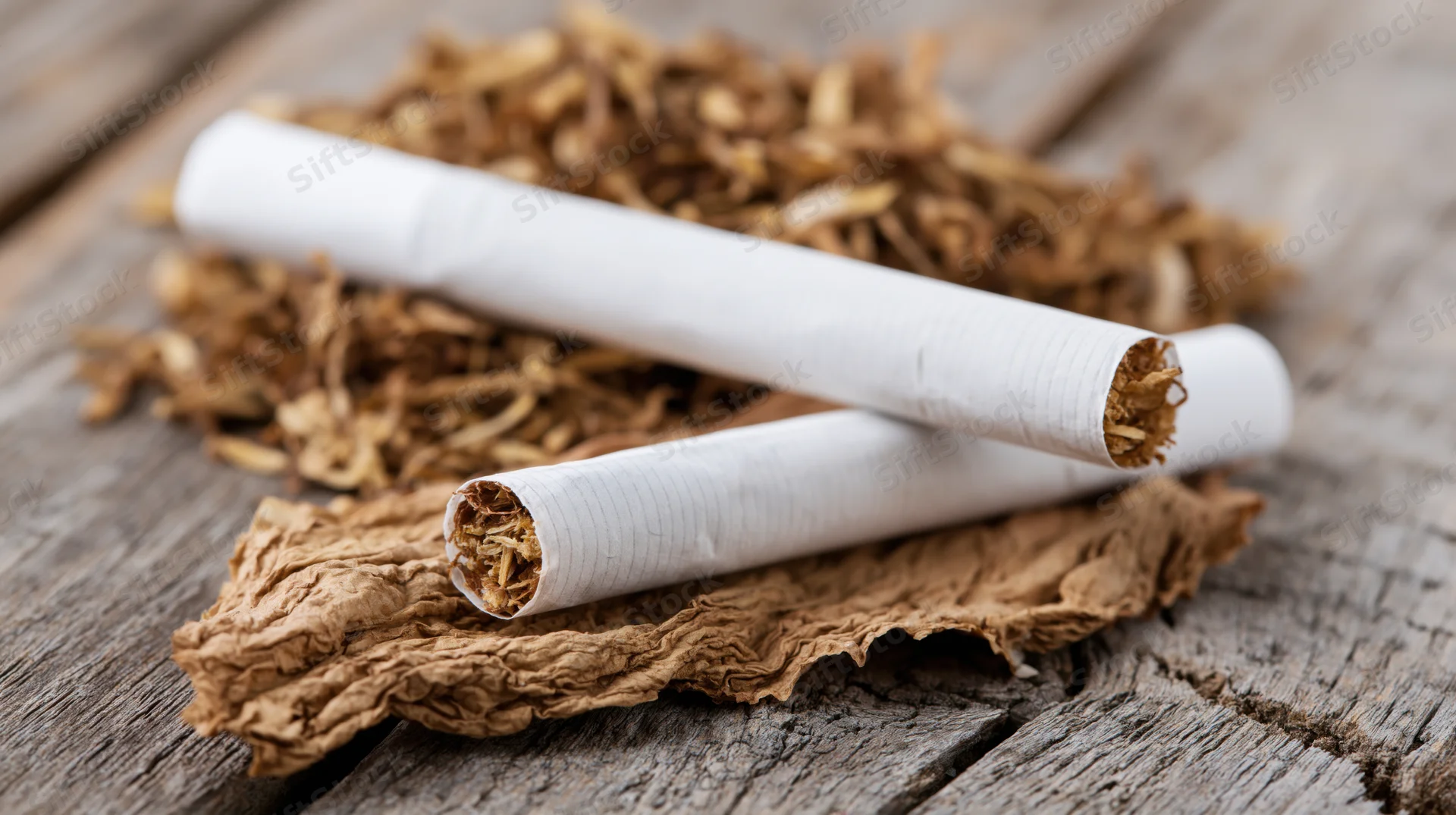 Two hand-rolled cigarettes resting on a dried tobacco leaf on weathered wood
