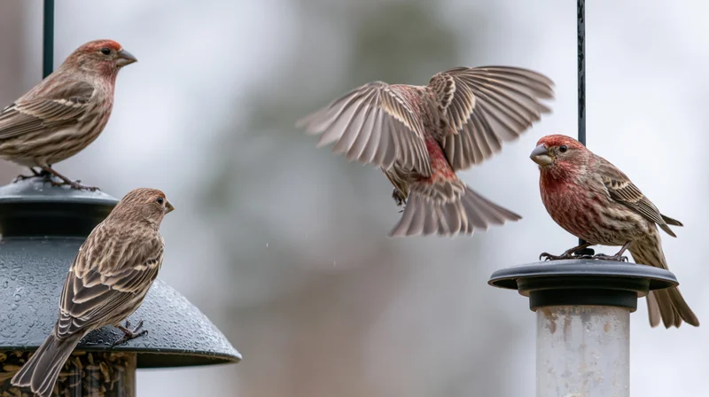 House finches perched on a tube bird feeder with one in flight, outdoors in a garden setting