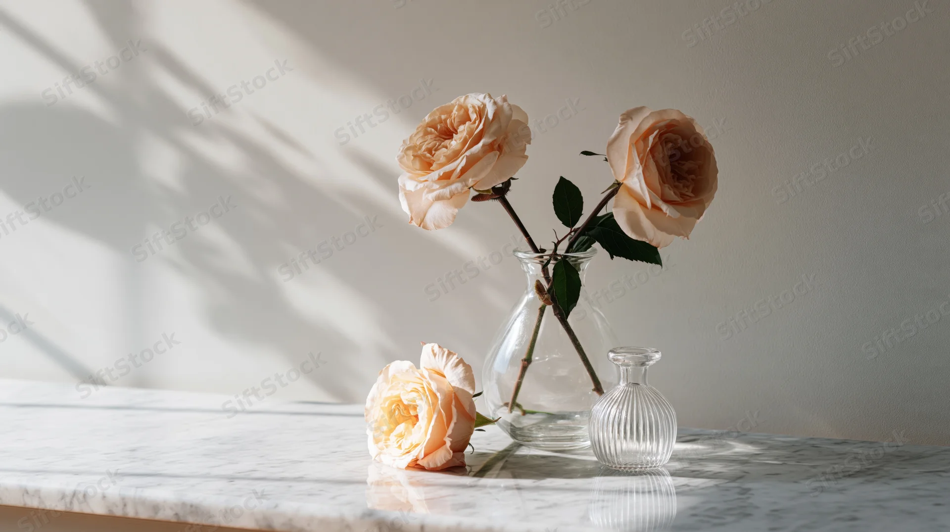 Two pale peach roses in a clear glass vase on a white marble surface with sunlight casting shadows