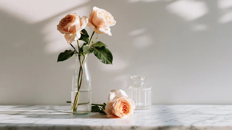 Two pale peach roses in a clear glass vase on a white marble table with soft sunlight and shadows