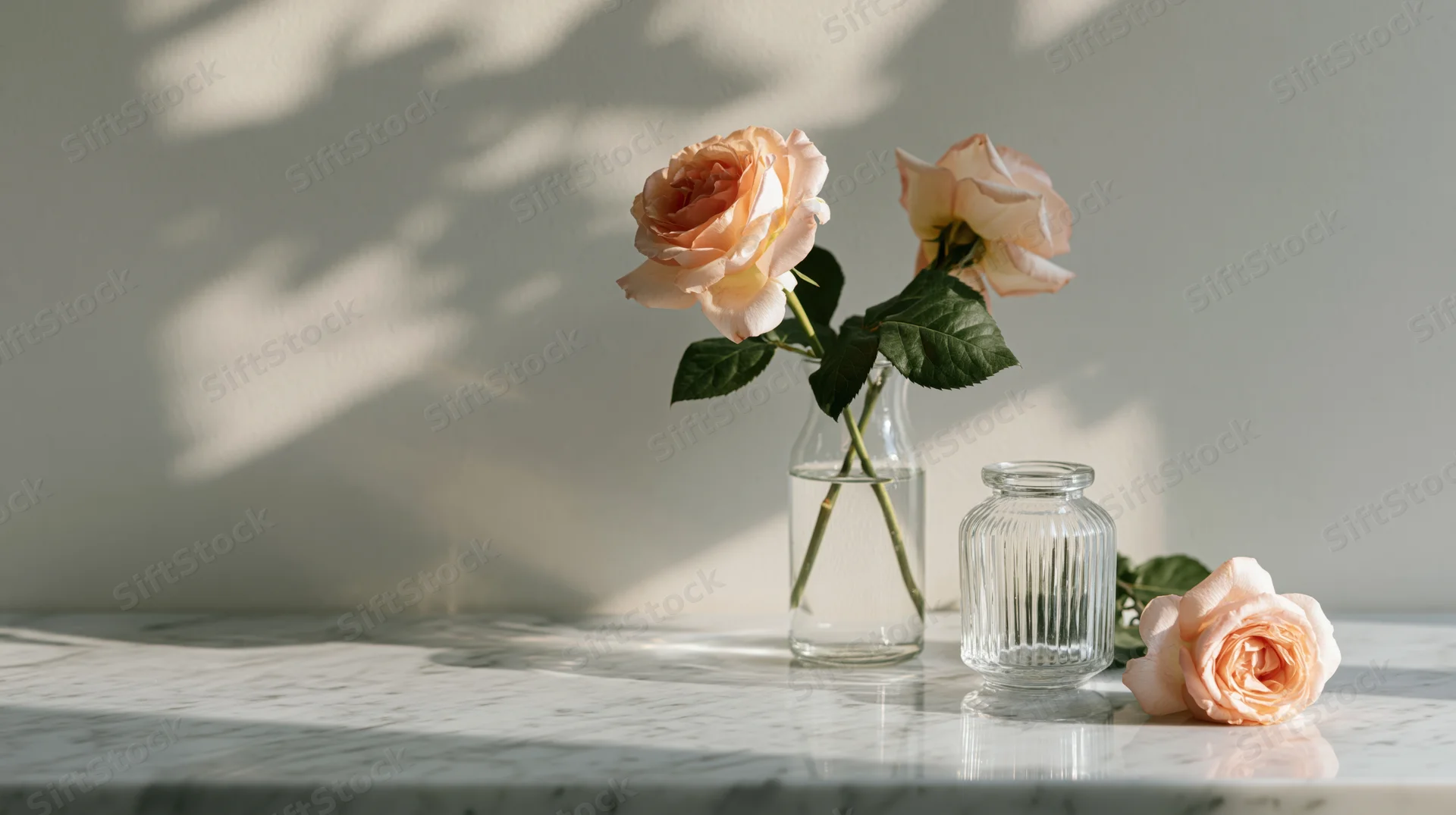 Two pale peach roses in a clear glass vase on a white marble table with sunlight and shadows