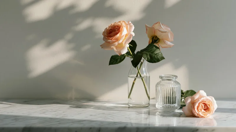 Two pale peach roses in a clear glass vase on white marble