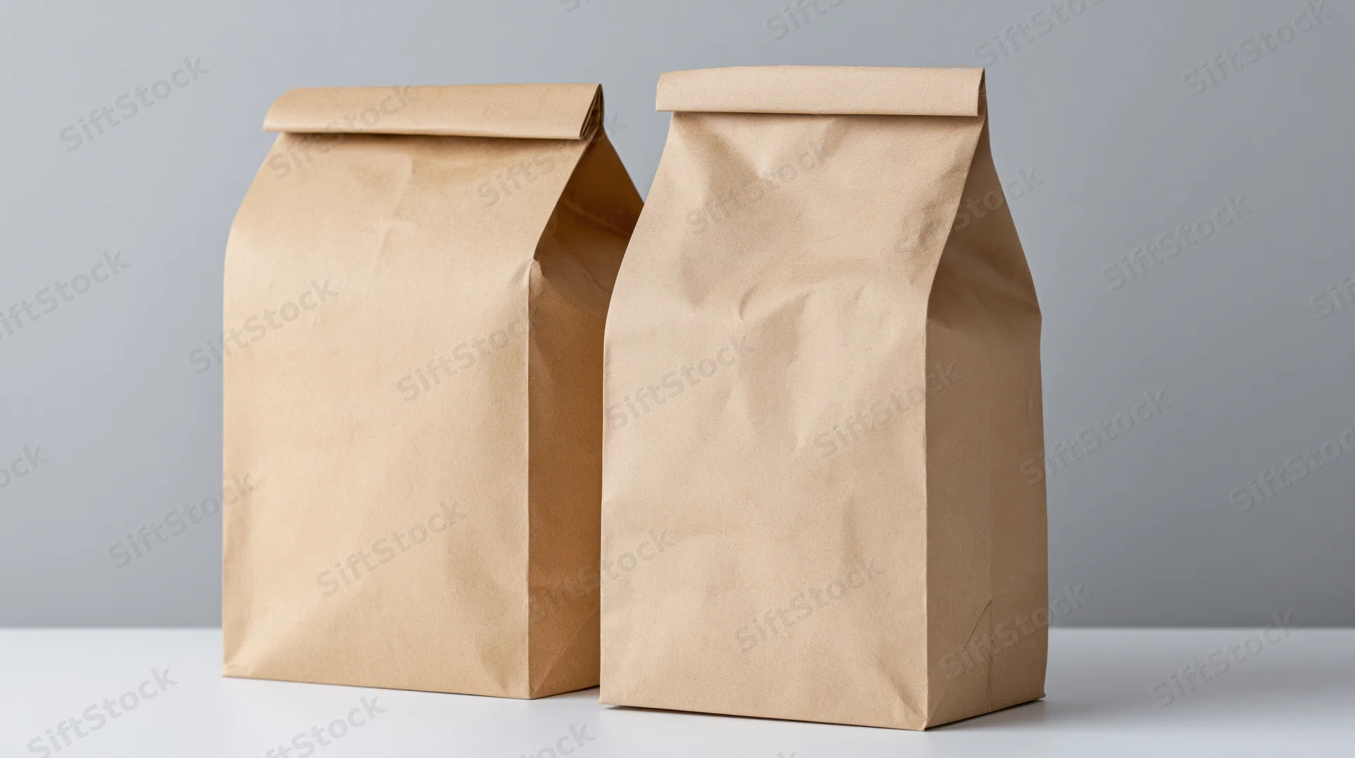 Two plain kraft paper bags standing side by side on a white surface against a gray background