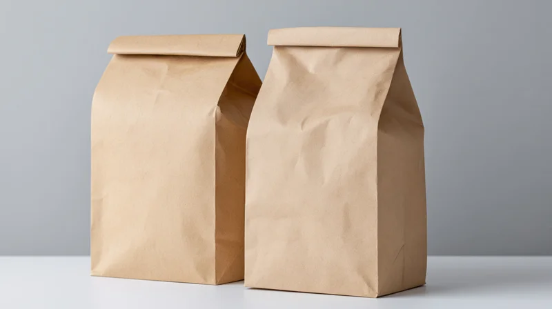 Two plain kraft paper bags standing side by side on a white surface against a gray background