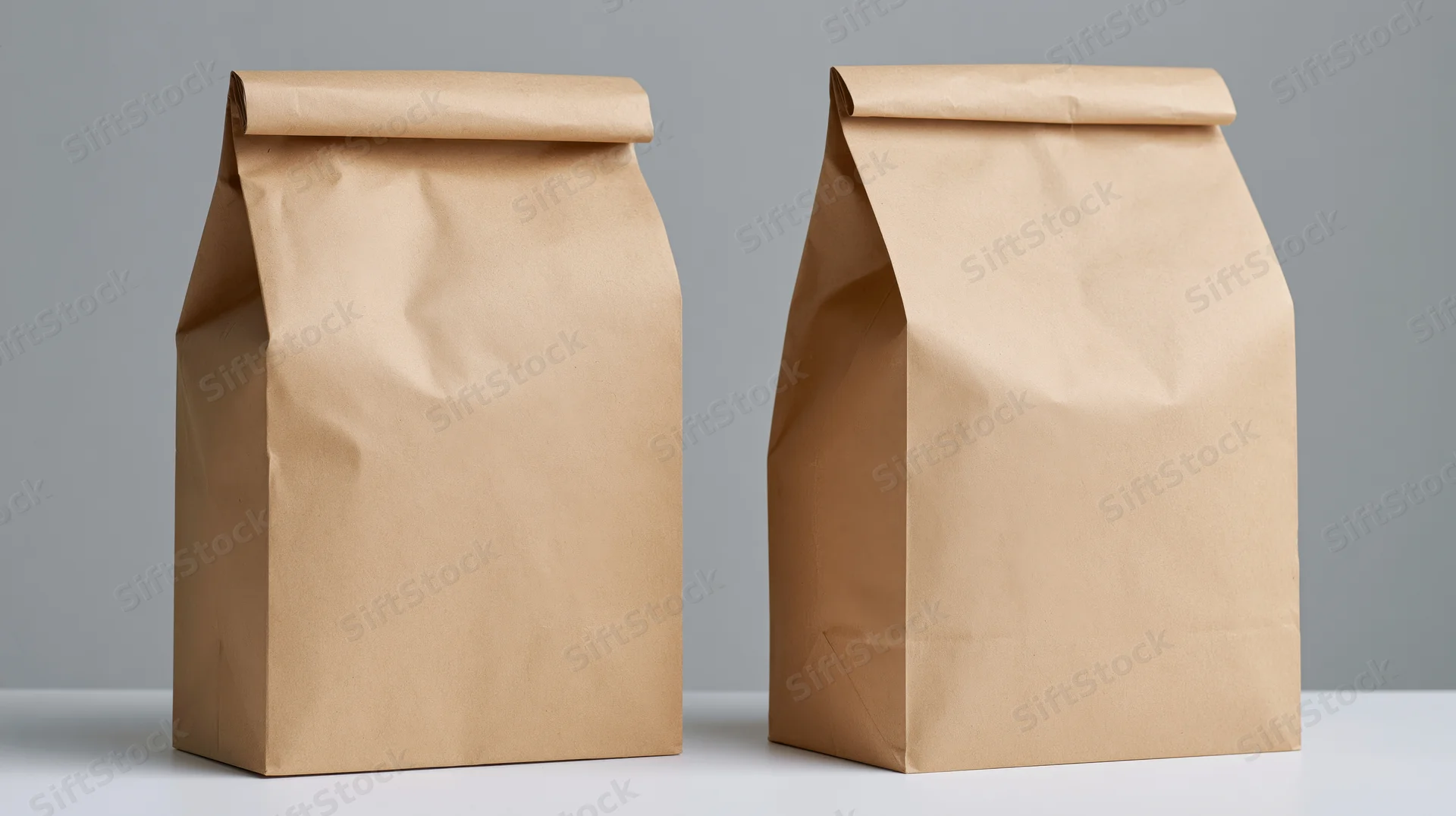 Two plain kraft paper bags standing side by side on a white surface against a gray background