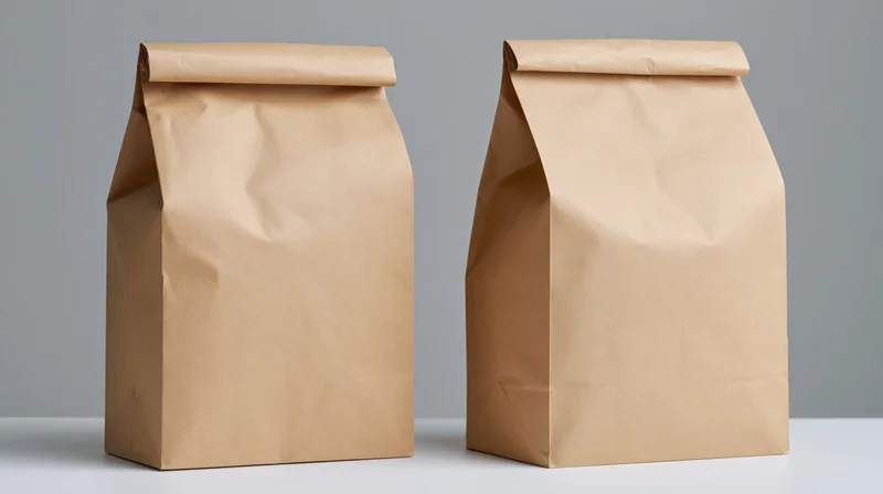 Two plain kraft paper bags standing side by side on a white surface against a gray background