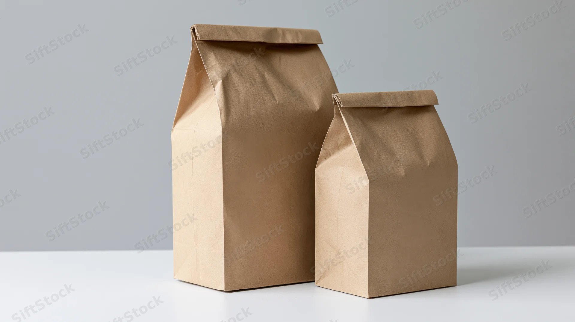 Two plain kraft paper bags one tall and one short standing on a white surface against a gray background