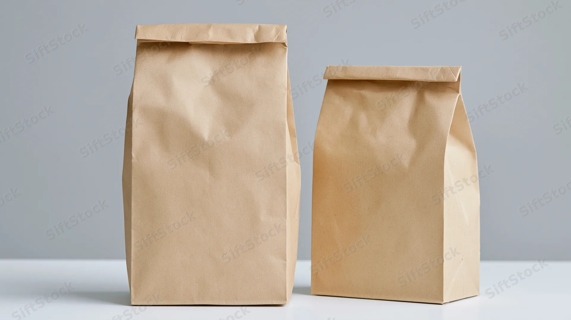 Two plain kraft paper bags one tall and one short standing side by side on a white surface against a gray background