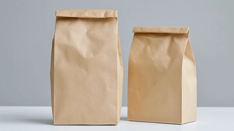 Two plain kraft paper bags one tall and one short standing side by side on a white surface against a gray background
