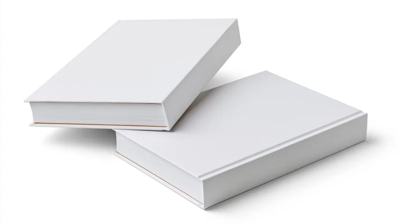 Two plain white hardcover books stacked with blank covers on white background