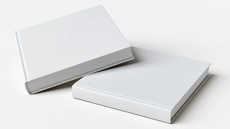 Two plain white hardcover books with blank covers arranged on a white surface