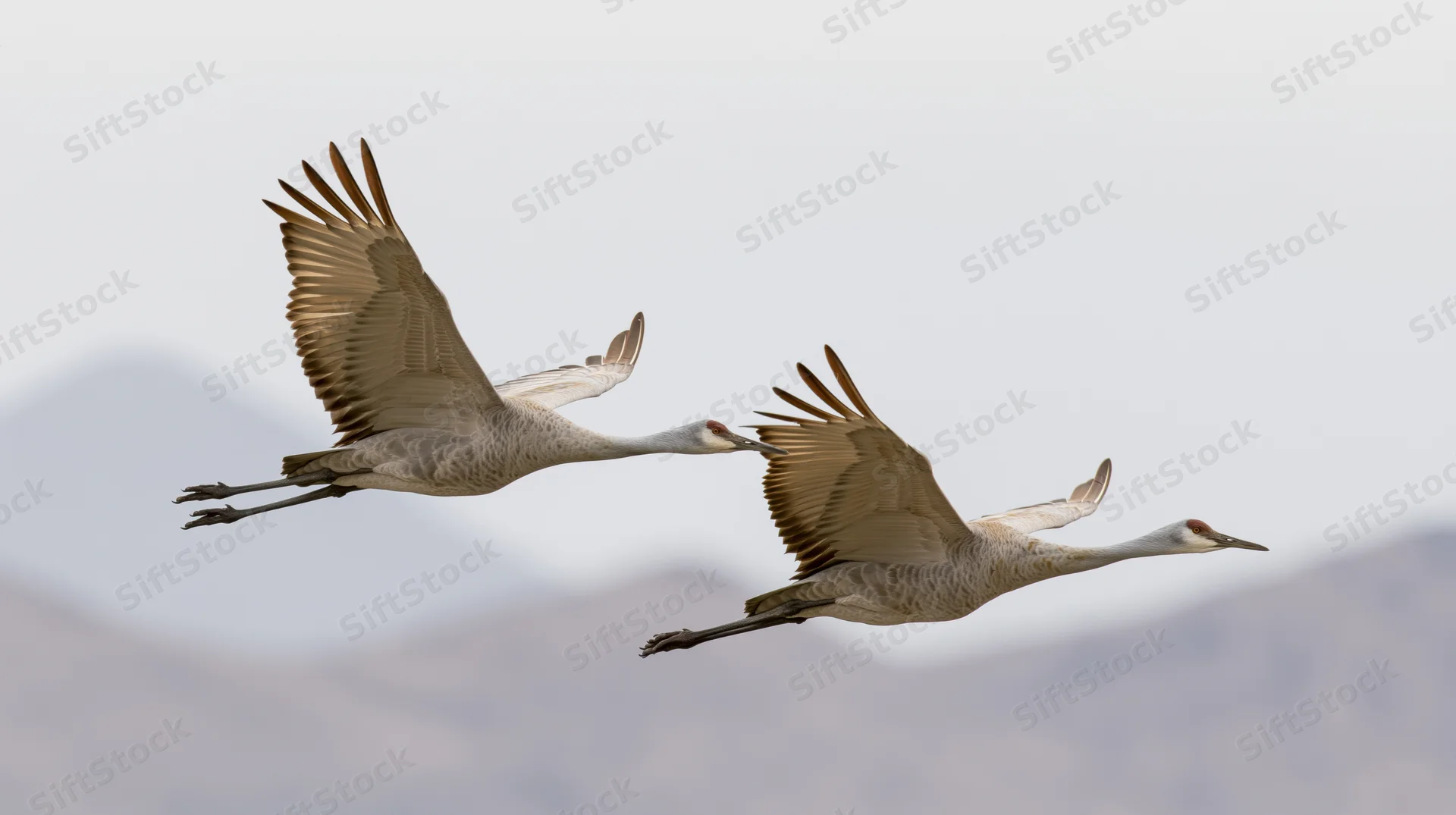 Two sandhill cranes flying side by side with wings extended against a mountain backdrop