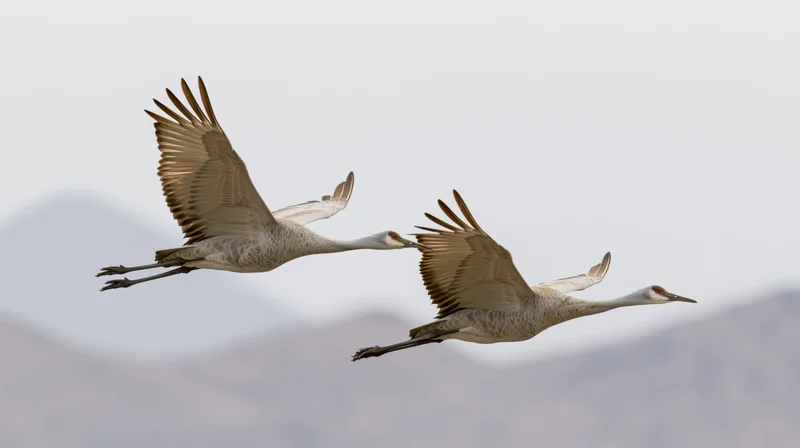 Two sandhill cranes flying side by side with wings extended against a mountain backdrop