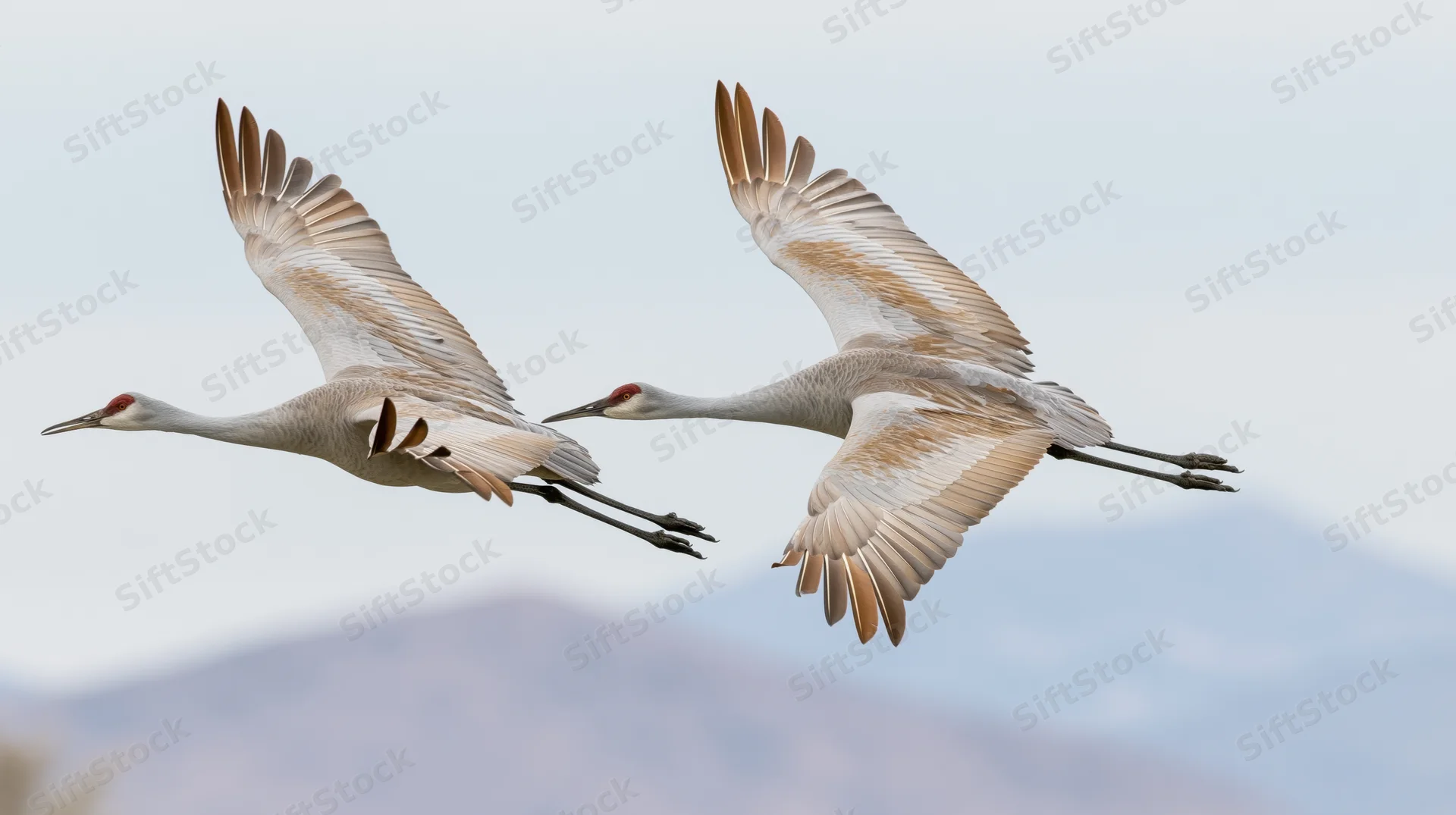 Two sandhill cranes flying side by side in midair against a mountain backdrop