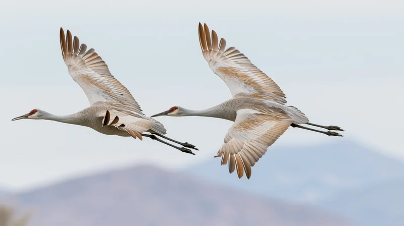 Two sandhill cranes flying side by side in midair against a mountain backdrop