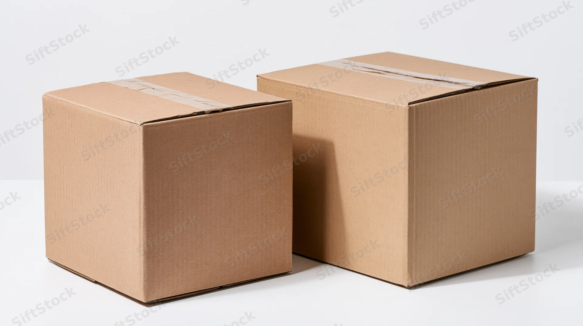 Two sealed cardboard shipping boxes of different sizes on a white surface