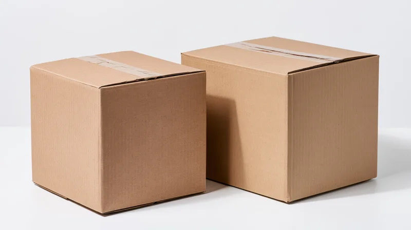 Two sealed cardboard shipping boxes of different sizes on a white surface