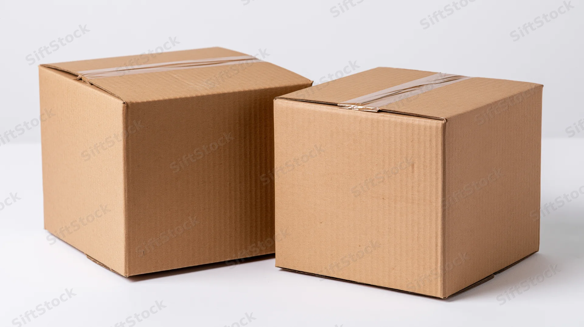 Two sealed cardboard shipping boxes of different sizes on a white surface