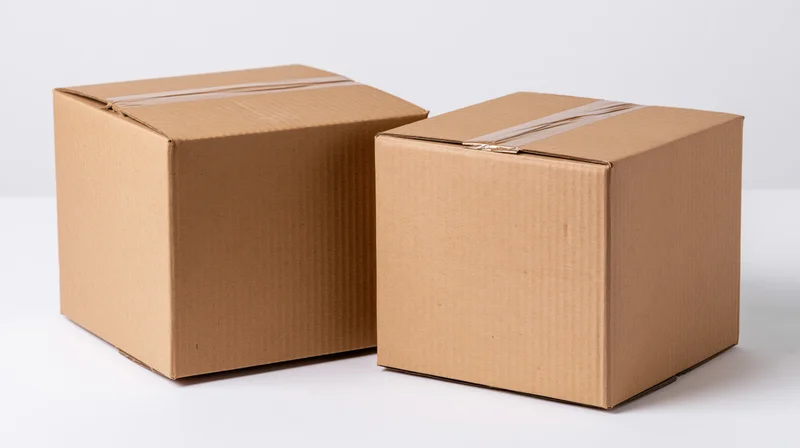Two sealed cardboard shipping boxes of different sizes on a white surface