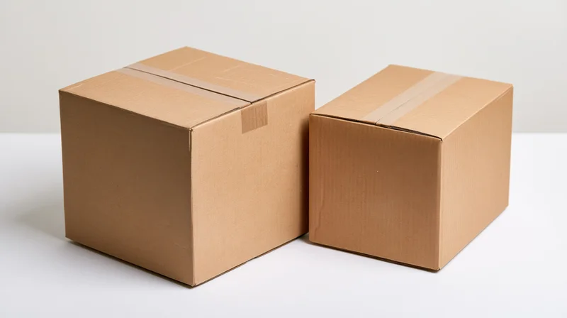 Two sealed cardboard shipping boxes of different sizes on a white surface