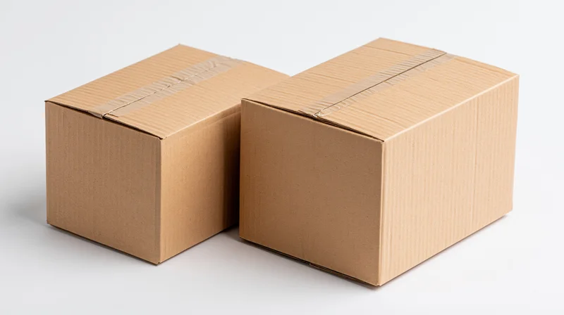 Two sealed cardboard shipping boxes of different sizes on a white surface