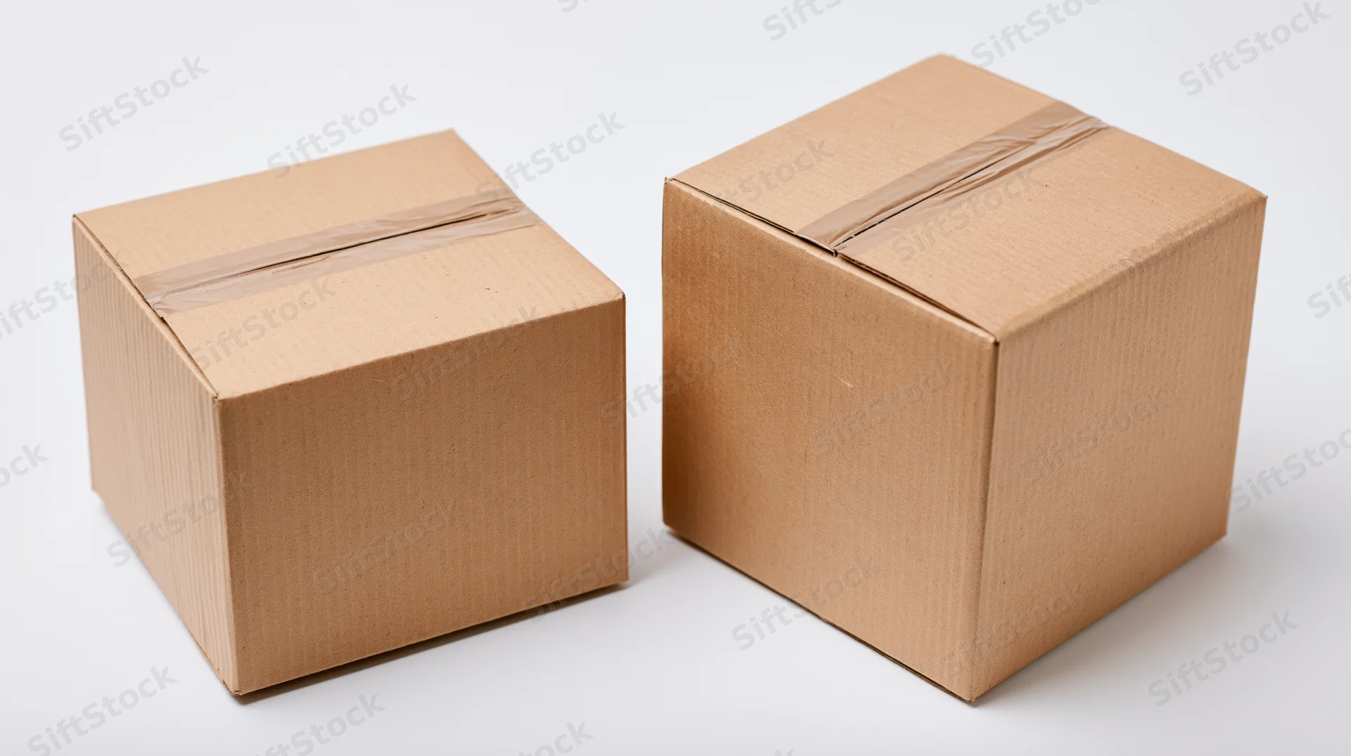 Two sealed cardboard shipping boxes of different sizes on white background