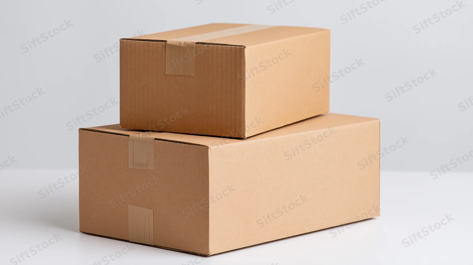 Two sealed cardboard shipping boxes stacked on a white surface