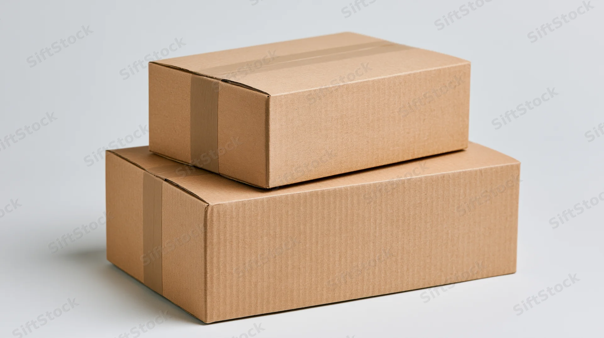 Two sealed cardboard shipping boxes stacked on a white surface
