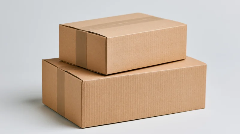 Two sealed cardboard shipping boxes stacked on a white surface