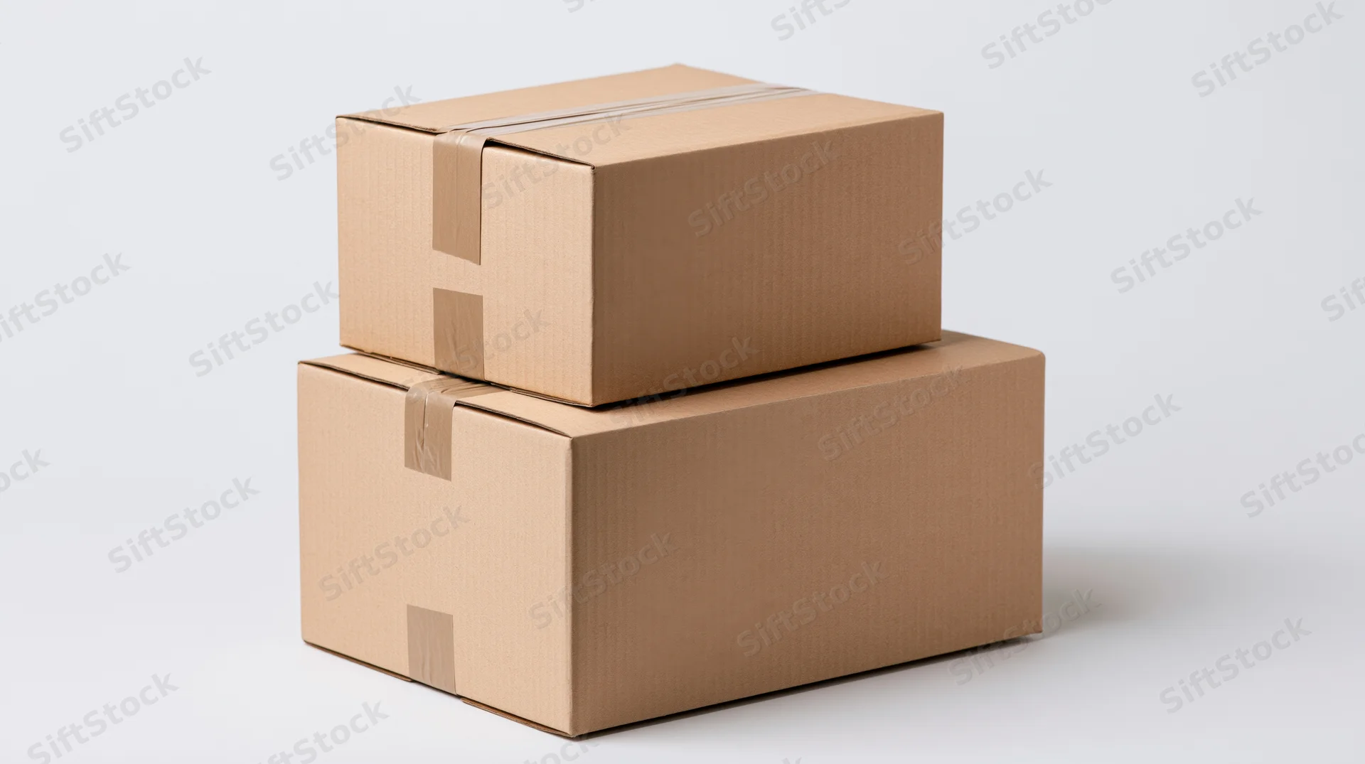 Two sealed cardboard shipping boxes stacked on a white surface