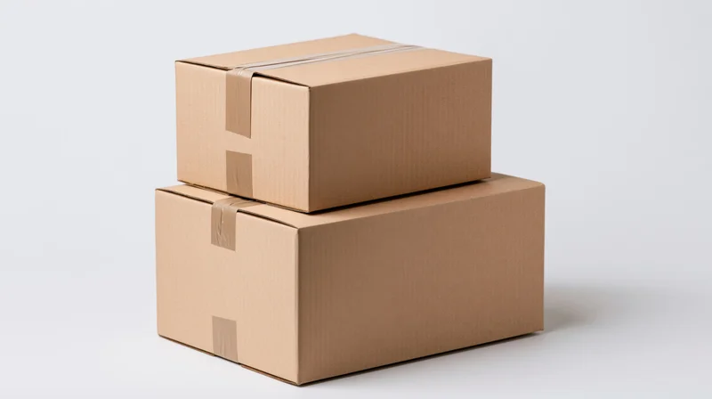 Two sealed cardboard shipping boxes stacked on a white surface
