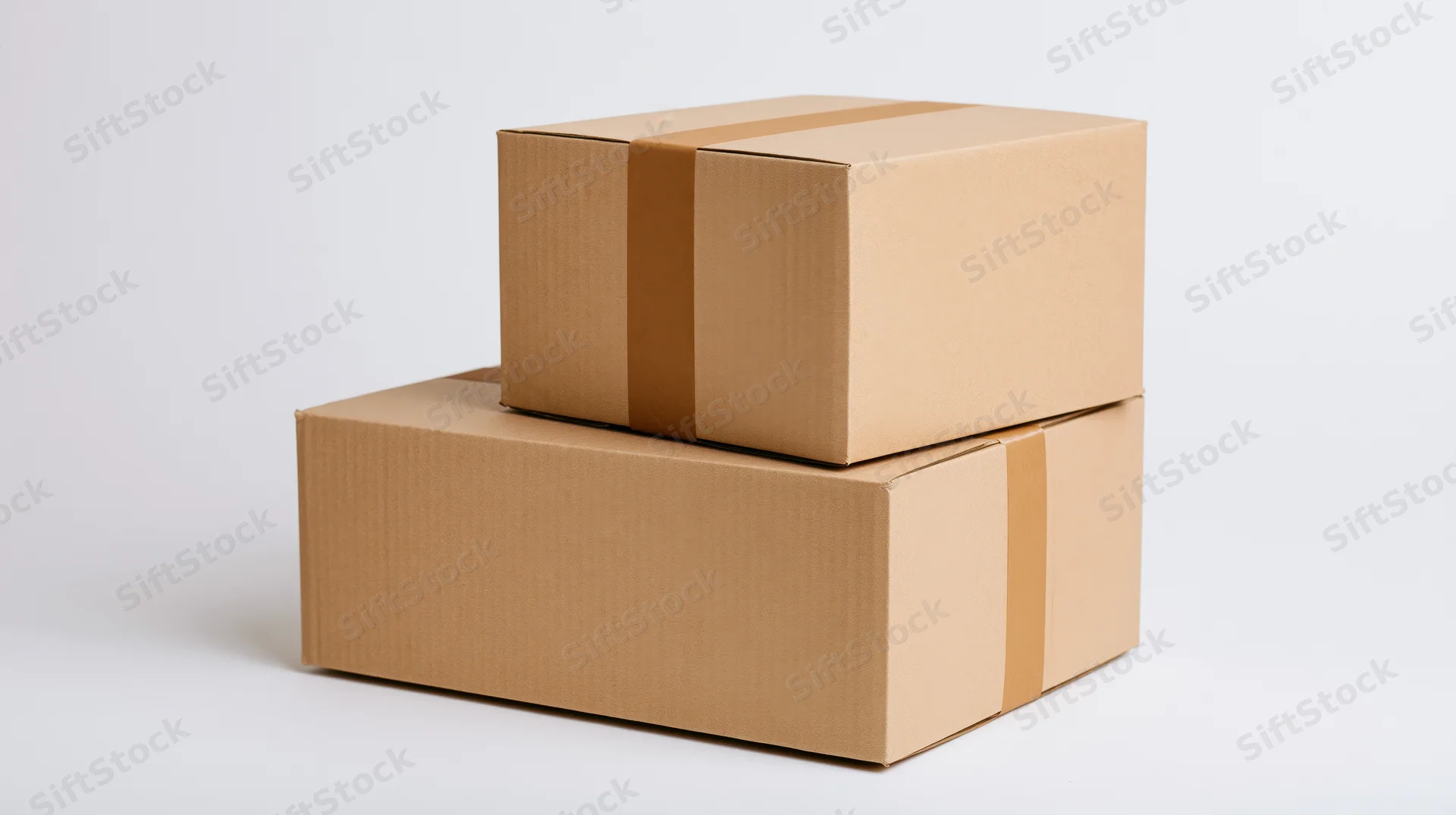 Two sealed cardboard shipping boxes stacked on white background