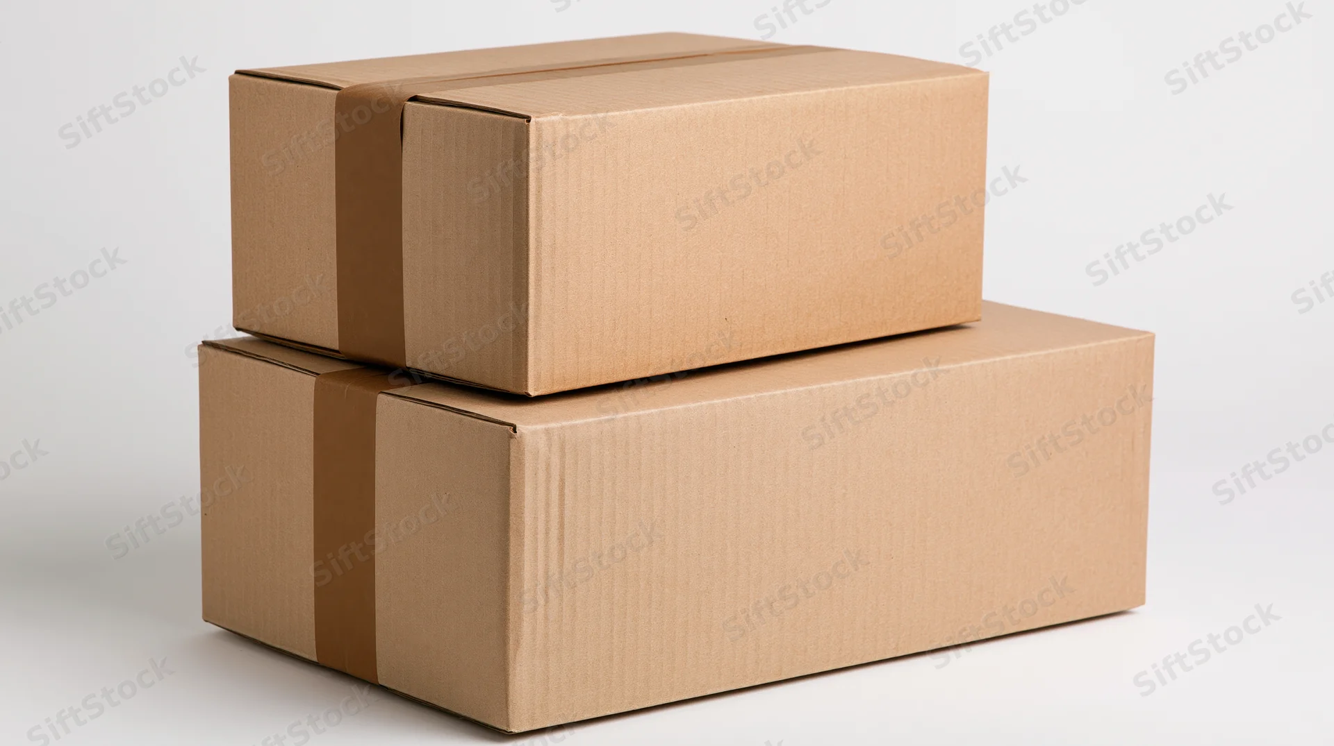 Two sealed cardboard shipping boxes stacked on a white surface