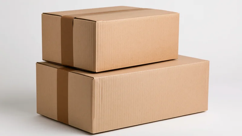 Two sealed cardboard shipping boxes stacked on a white surface