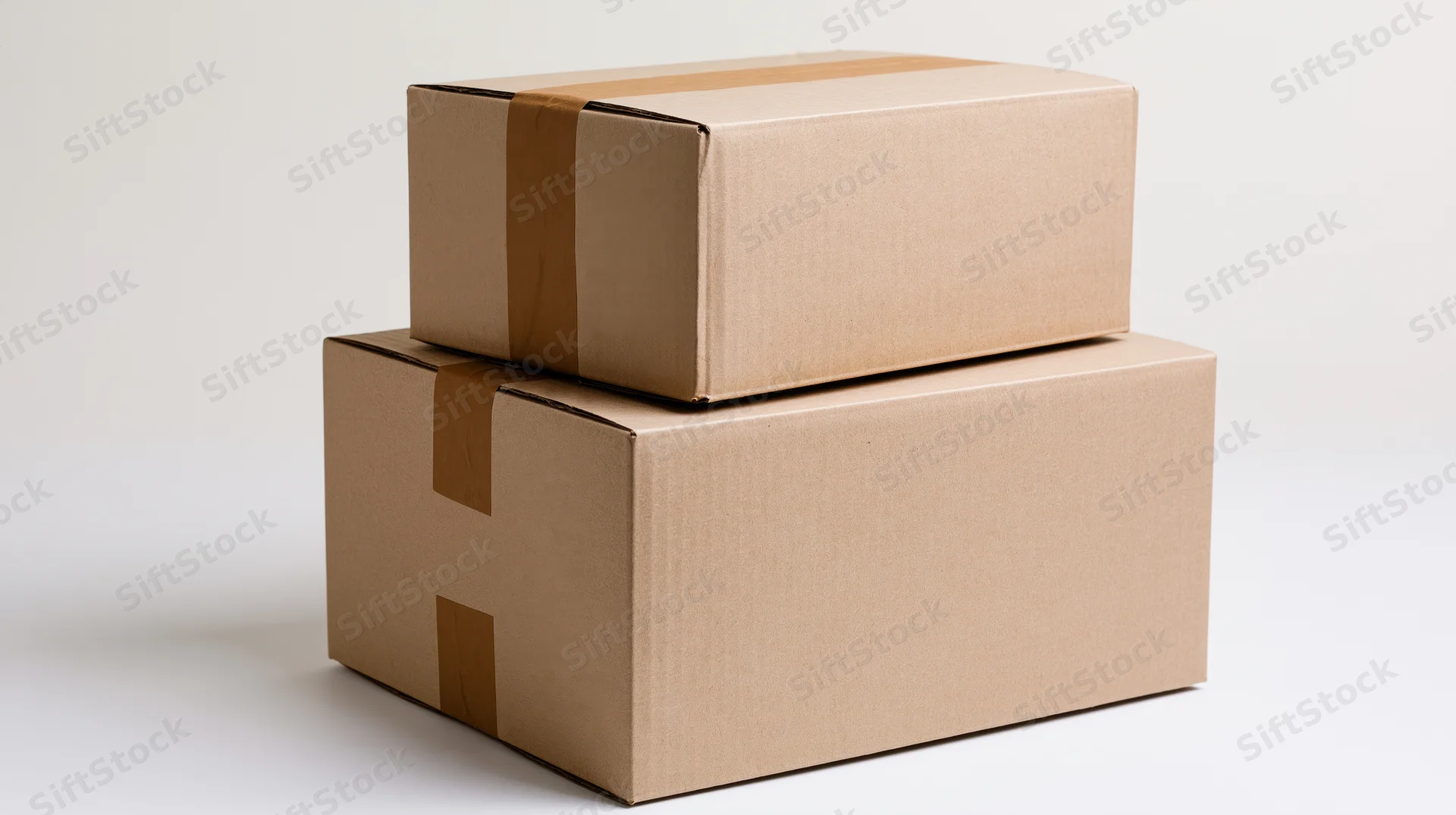 Two sealed cardboard shipping boxes stacked with tape on white background