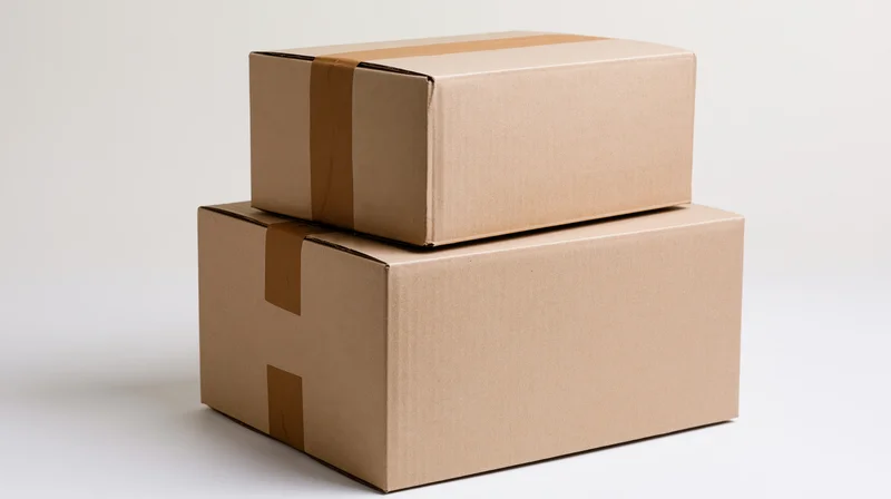 Two sealed cardboard shipping boxes stacked with tape on white background
