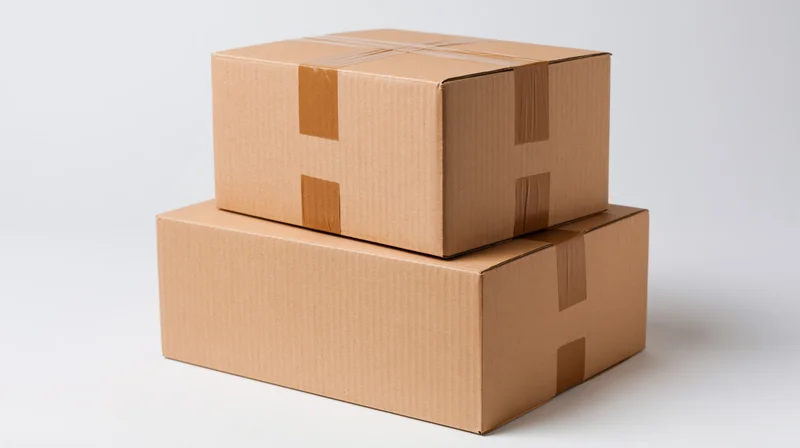 Two sealed cardboard shipping boxes stacked with tape on white background