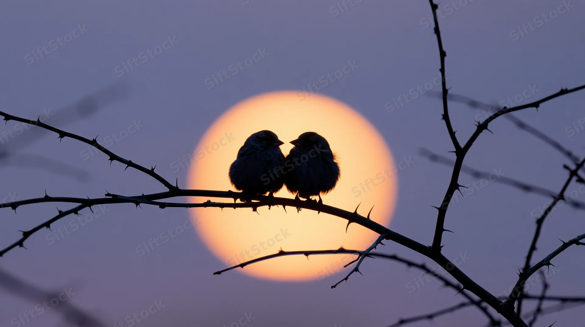 Two small birds perched close together on a bare winter branch against a glowing moon at twilight